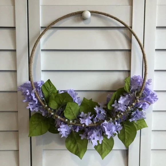 Delicate Pastel Lilac Feminine Flower Leaf Floral Decor Twine Tweed Hoop Wreath - Picture 4 of 4